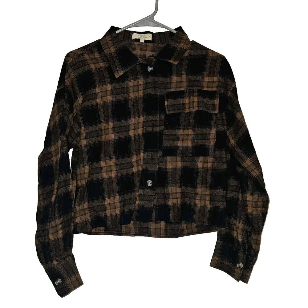 Love Notes  Button Up Shirt Womens  Brown Plaid Size S